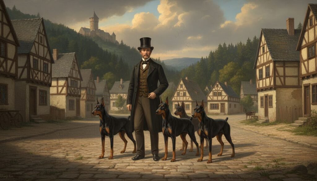 An illustration of Karl Friedrich Louis Dobermann walking with early Doberman dogs in 19th-century Germany