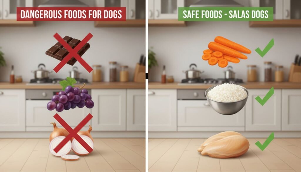 Visual chart showing which human foods are safe or dangerous for dogs