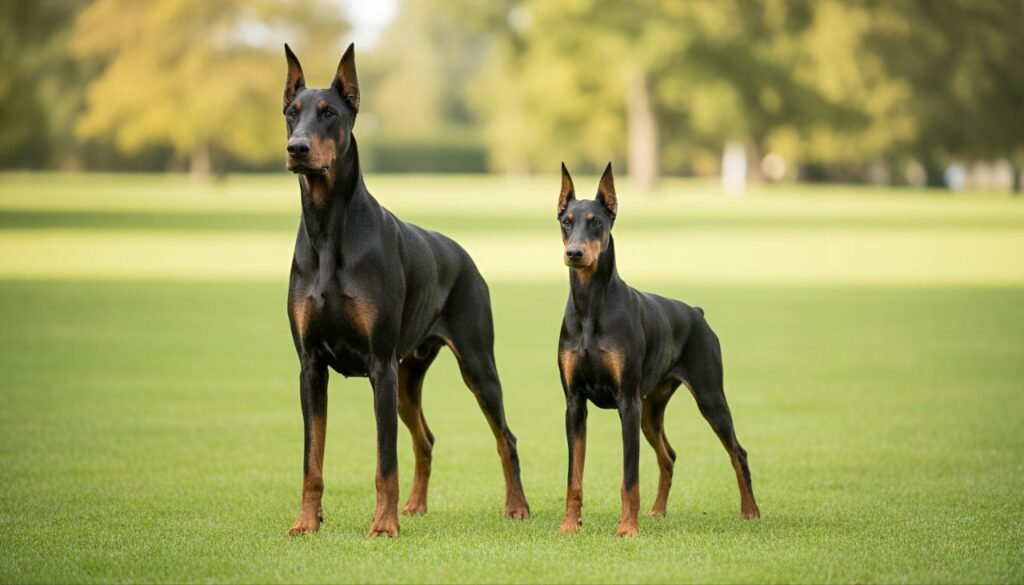 A male and female Doberman standing side by side, showcasing their size and muscular build