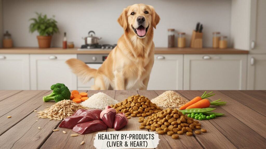 Organ meats like liver and heart shown as nutritious parts of dog food