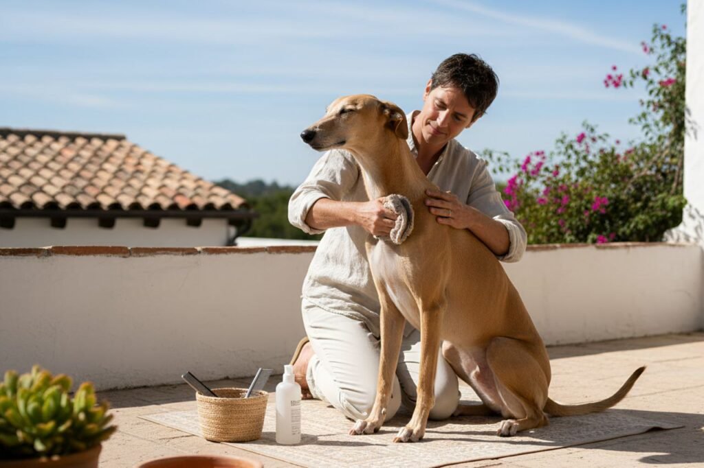 A person grooms an Azawakh with a soft mitt outdoors, with the dog sitting calmly