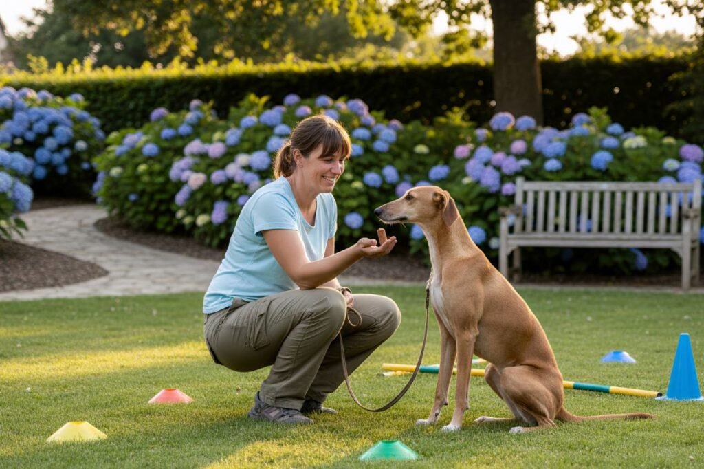 A trainer rewards an Azawakh with a treat during a gentle training session in a garden.